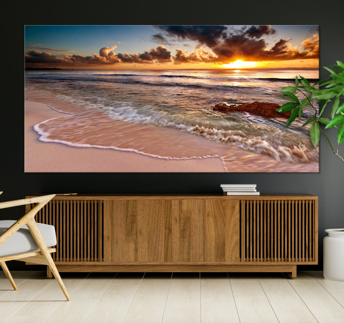 Breathtaking Sunset and Calm Beach Waves Canvas Wall Art Print