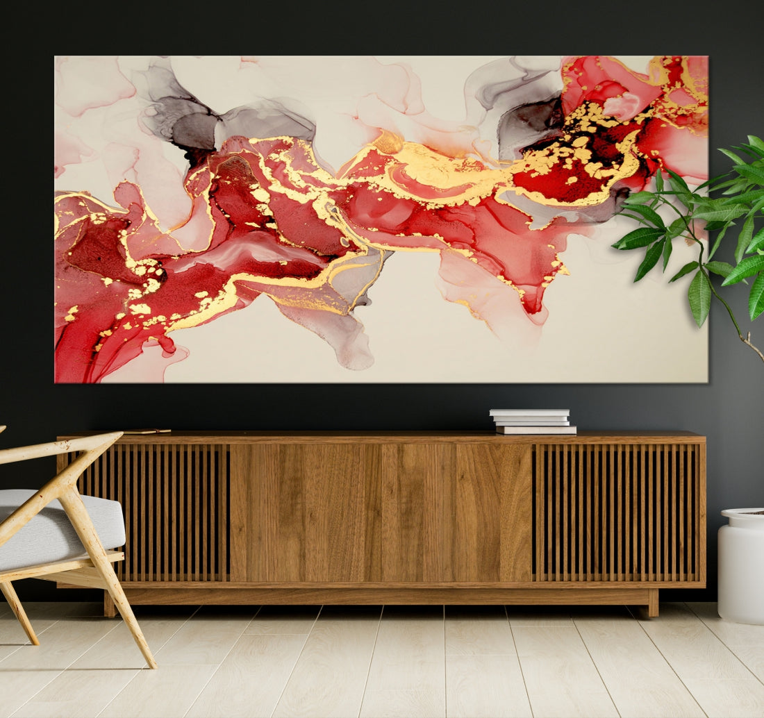 Contemporary Red Gold Abstract Painting on Canvas Print Framed Wall Decor