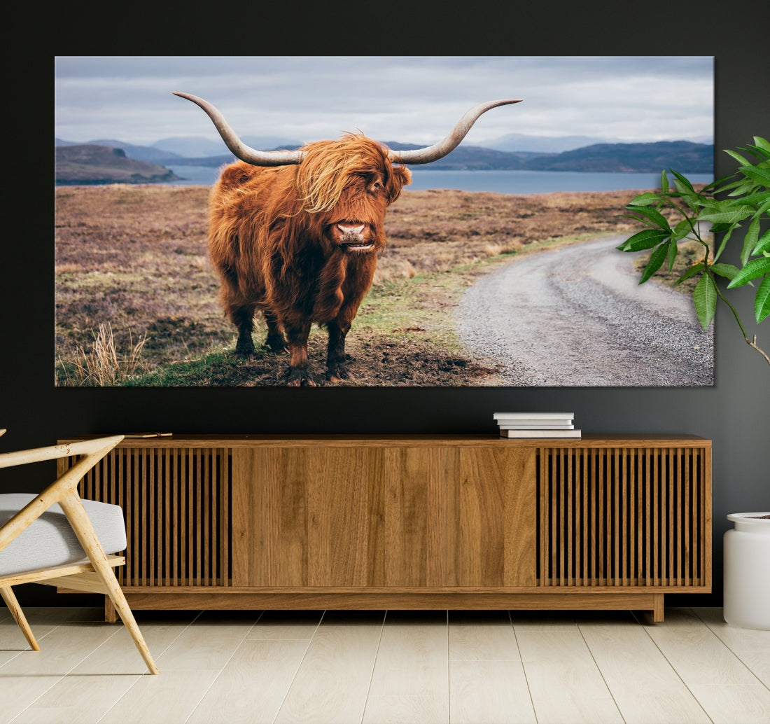 Highland Cow with Big Horn Canvas Wall Art Animal Photo Print Wall Decor