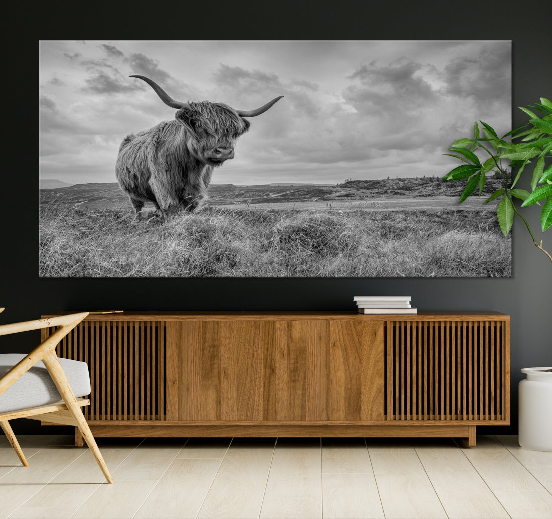 Grayscale Highland Cow Canvas Art Print Extra Large Animal Picture Print on Canvas