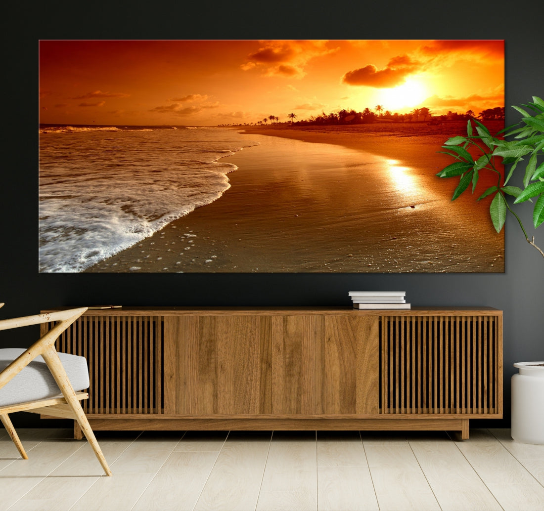 Ocean Beach Canvas Wall Art Beach Canvas, Coastal Sunset Tropical Island Beach Sunset Artwork Print