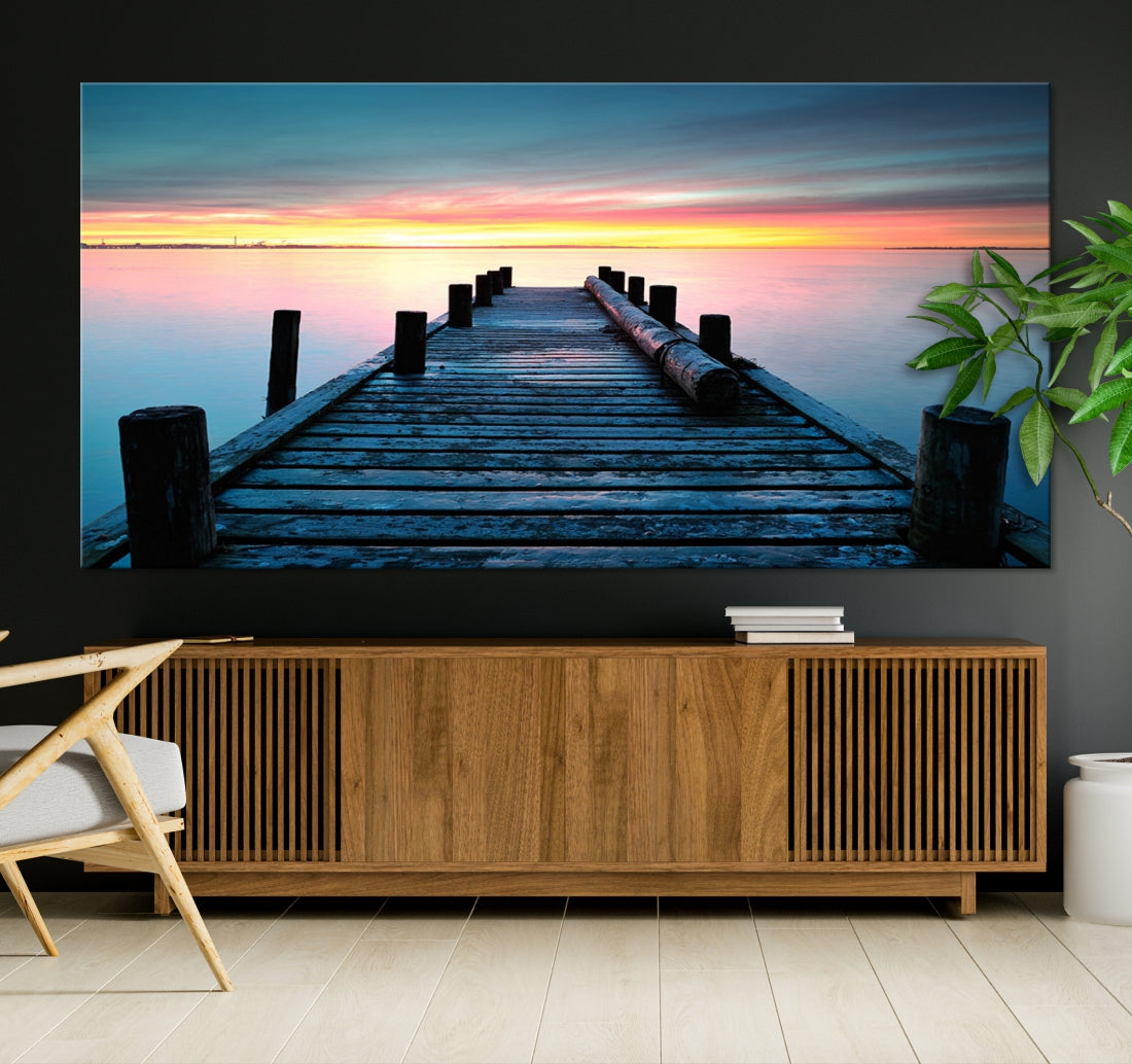 Fantastic Sunset over the Horizon Old Pier Seascape Ocean Wall Art Canvas Print