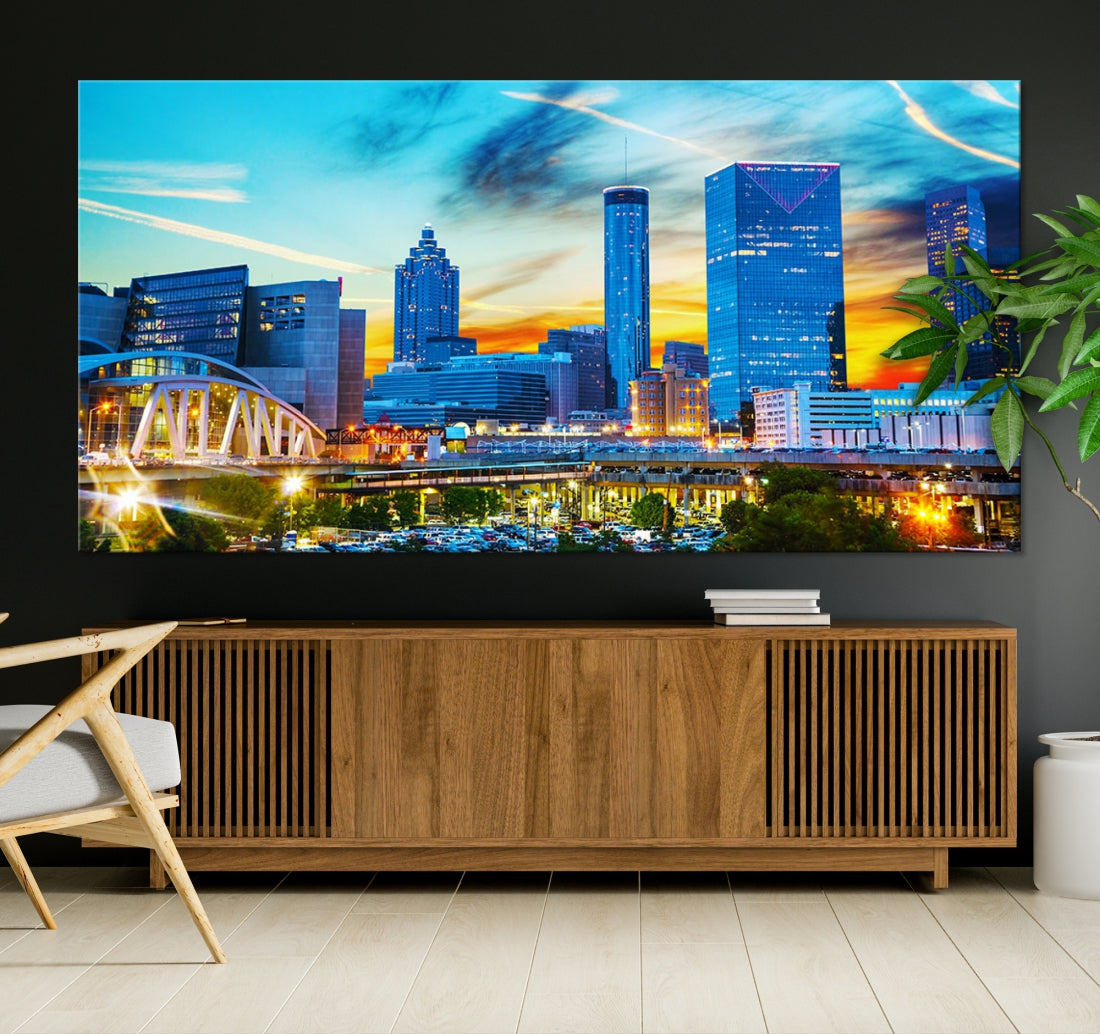 Mesmerizing Atlanta City Sunset Blue Skyline Cityscape Large Canvas Wall Art Print