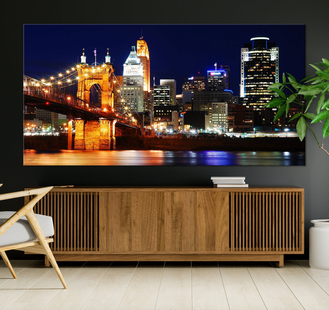 Cincinnati Bright Lights Night Skyline Canvas Wall Art Framed Print