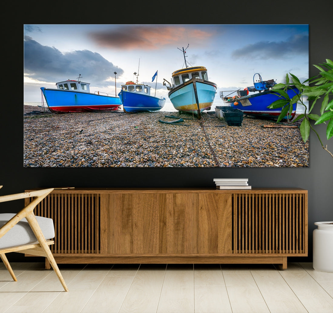 Colorful Boats On The Beach Large Wall Art Canvas Print Sailing Decor