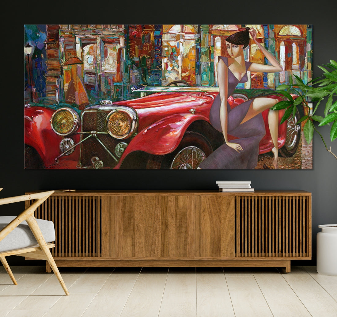 Lady With a Red Old Antique Car Jalopy Wall Art Canvas Print