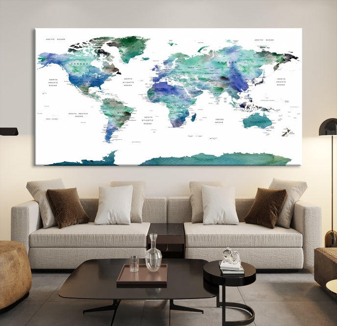 Vivid Colored World Map Push Pin Travel Map Canvas Wall Art Giclee Print