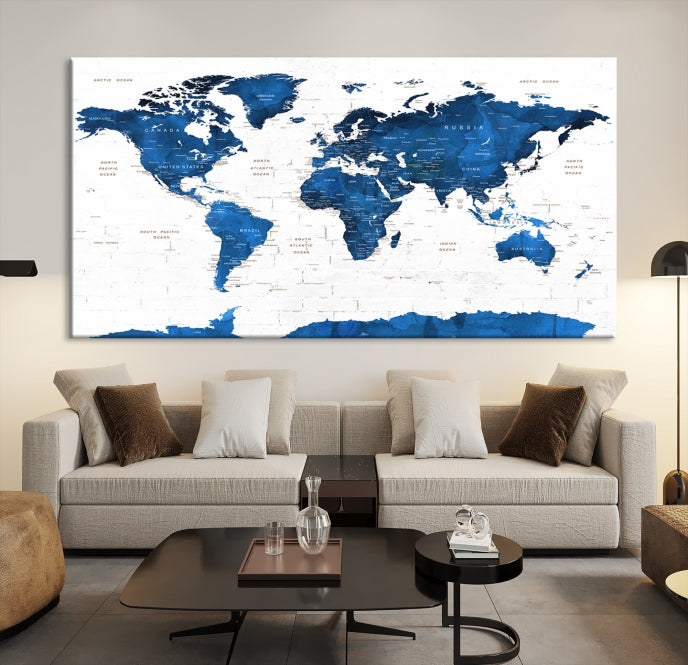 Blue Extra Large Framed Push Pin World Map Wall Art Canvas Print