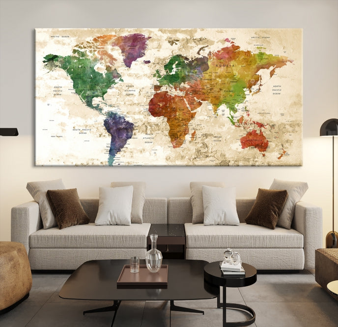 Push Pin World Map Canvas Print with Brownish Background Extra Large Framed Map Poster