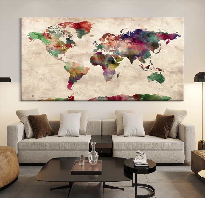 Colorful Watercolor World Map Framed Canvas Wall Art Giclee Print