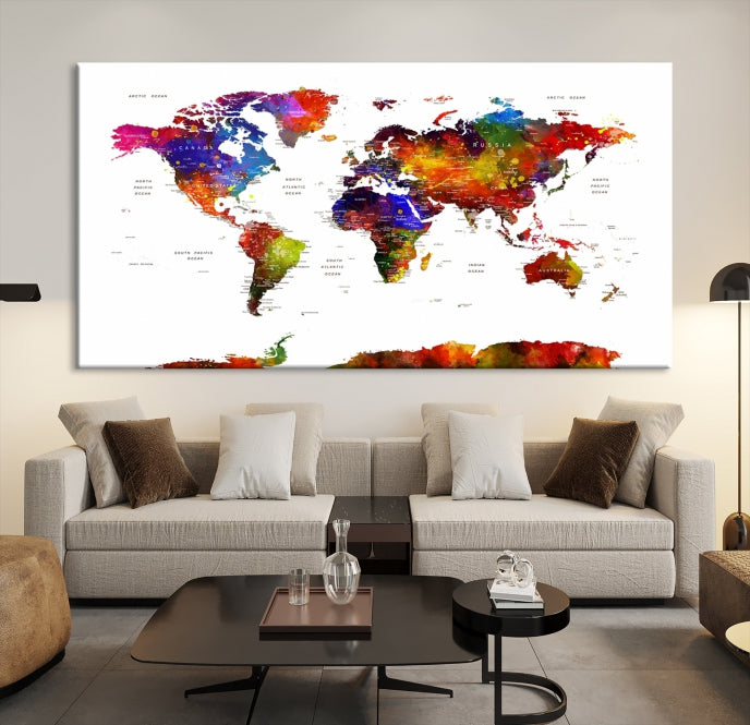 Extra Large Colorful World Map Framed Canvas Wall Art Print