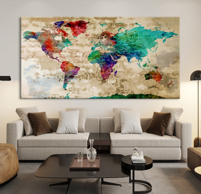 Multi Panel World Map with Push Pins Detailed Map Canvas Wall Art Print