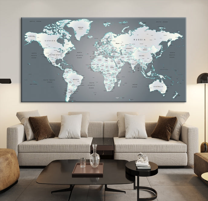 Gray World Map Push Pin Travel Map Canvas Wall Art Giclee Print