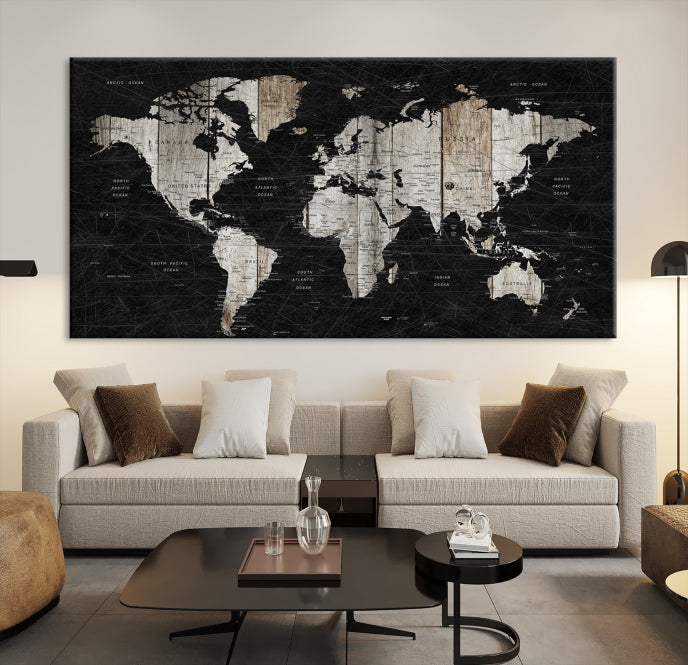 Black Push Pin World Map Detailed Framed Wall Art Canvas Print