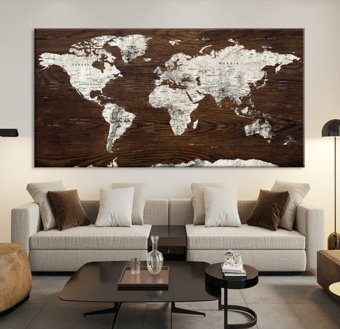 White Coloured World Map on Brown Background Large Canvas Print Wall Art