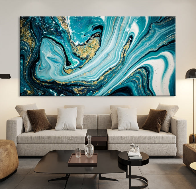 Turquoise Gold Marble Modern Abstract Painting Large Canvas Wall Art Giclee Print