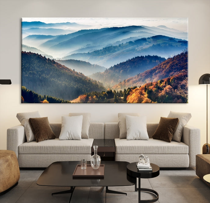 Mountain Misty Forest Foggy Autumn Framed Canvas Wall Art Giclee Print