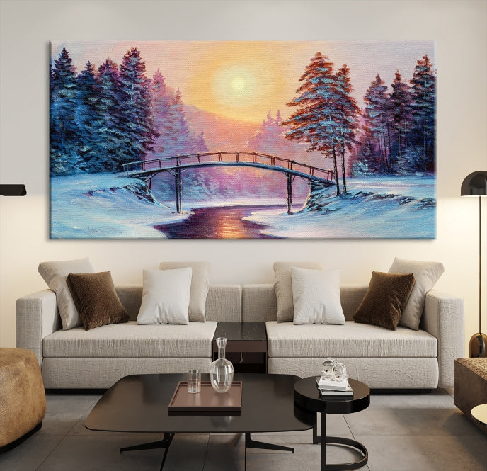 Beautiful Winter Landscape Painting Snowy Bridge Giclee Canvas Extra Large Wall Art Print