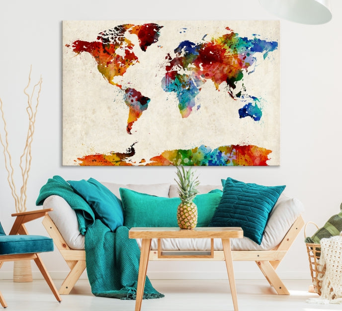 Large Wall Art World Map Watercolor Canvas Print