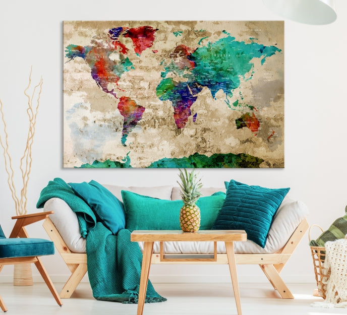 Multi Panel World Map with Push Pins Detailed Map Canvas Wall Art Print