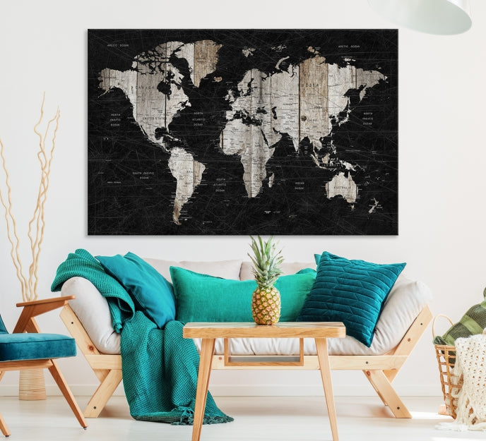 Black Push Pin World Map Detailed Framed Wall Art Canvas Print