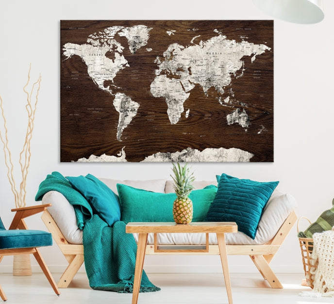 White Coloured World Map on Brown Background Large Canvas Print Wall Art