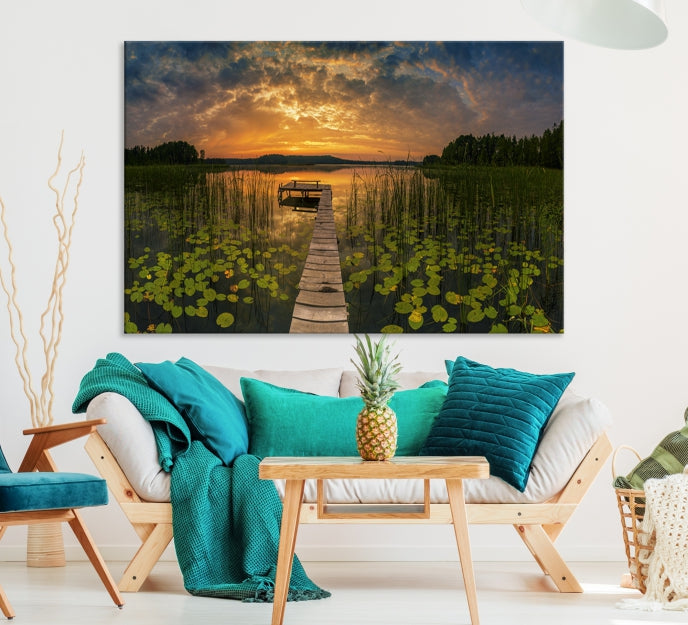 Flowers and Sunset at Lake Wall Art Natural Landscape Canvas Print