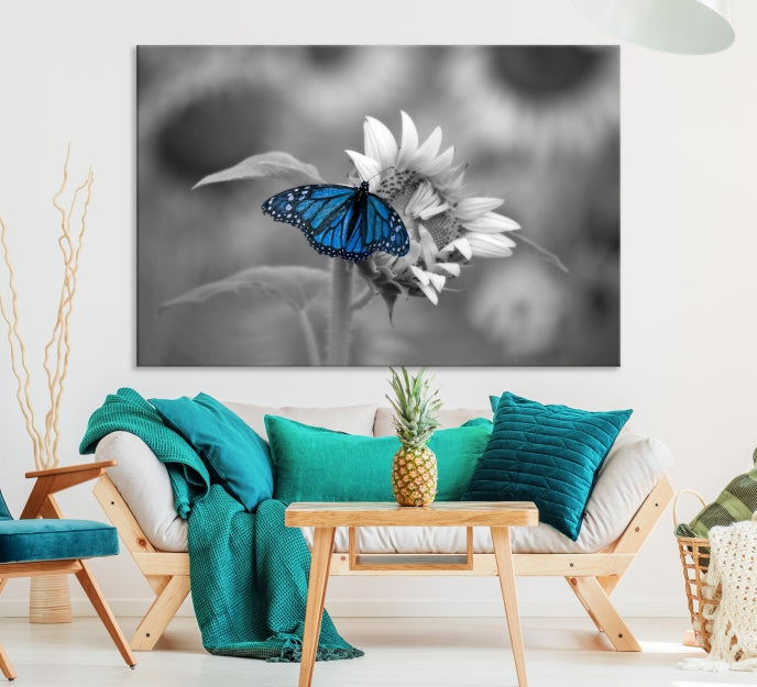 Pretty Blue Butterfly Black and White Canvas Wall Art Print Framed Ready to Hang