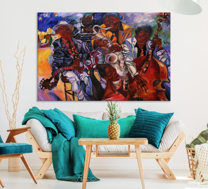 African American Jazz Mucisian Orchestra Abstract Painting on Giclee Canvas Wall Art Print