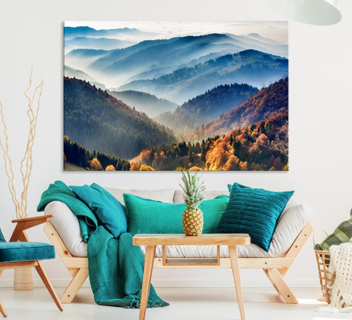 Mountain Misty Forest Foggy Autumn Framed Canvas Wall Art Giclee Print