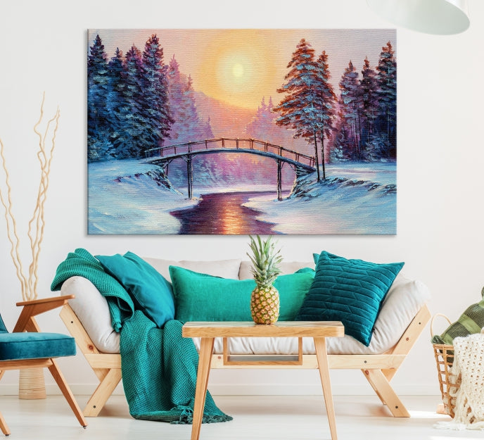 Beautiful Winter Landscape Painting Snowy Bridge Giclee Canvas Extra Large Wall Art Print