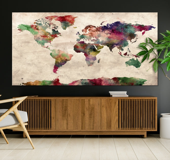 Colorful Watercolor World Map Framed Canvas Wall Art Giclee Print