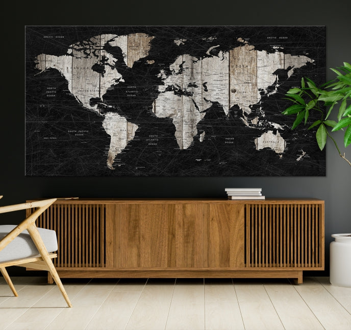 Black Push Pin World Map Detailed Framed Wall Art Canvas Print