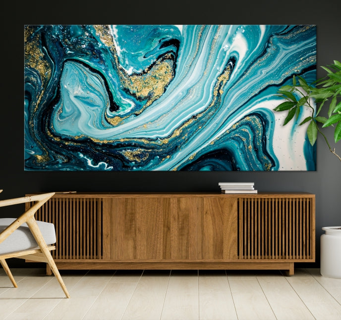 Turquoise Gold Marble Modern Abstract Painting Large Canvas Wall Art Giclee Print