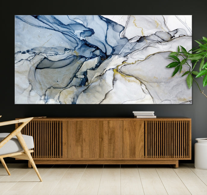 Create a Serene & Stylish Atmosphere with Our Large Blue Fluid Abstract Canvas Wall Art PrintA Modern Masterpiece