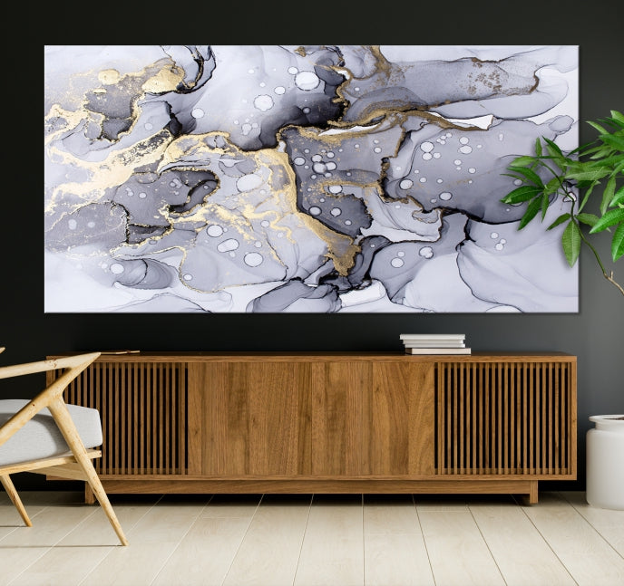 Gray Gold Abstract Painting on Giclee Canvas Wall Art Print Framed