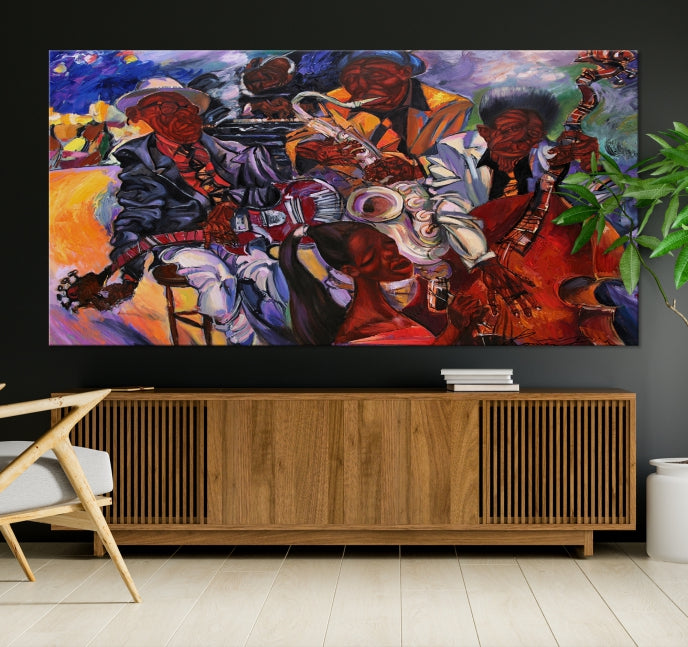 African American Jazz Mucisian Orchestra Abstract Painting on Giclee Canvas Wall Art Print