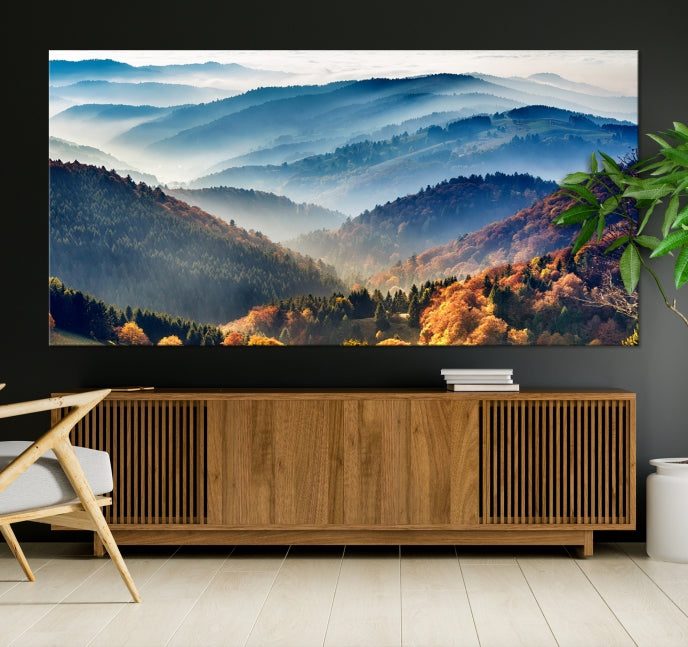 Mountain Misty Forest Foggy Autumn Framed Canvas Wall Art Giclee Print