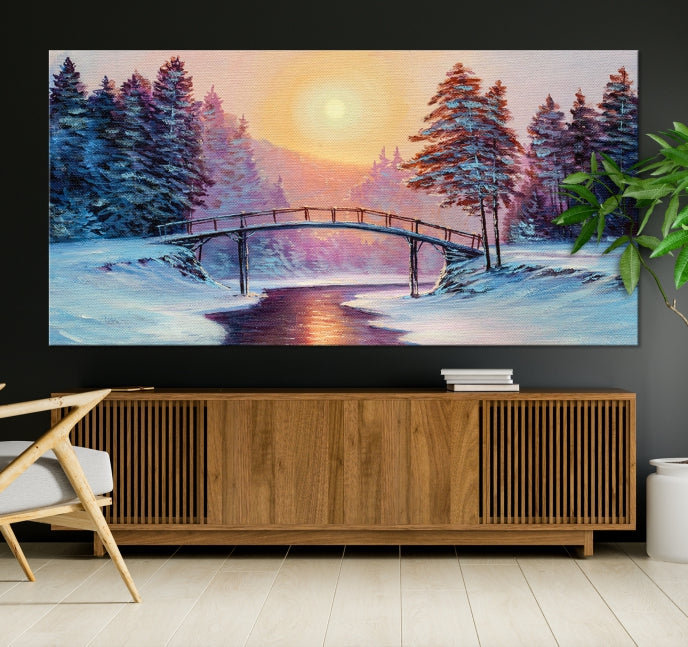 Beautiful Winter Landscape Painting Snowy Bridge Giclee Canvas Extra Large Wall Art Print