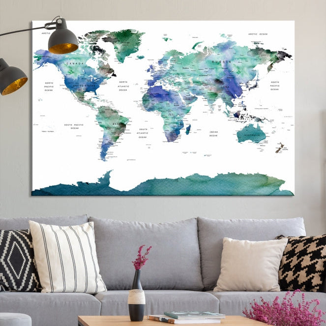 Vivid Colored World Map Push Pin Travel Map Canvas Wall Art Giclee Print