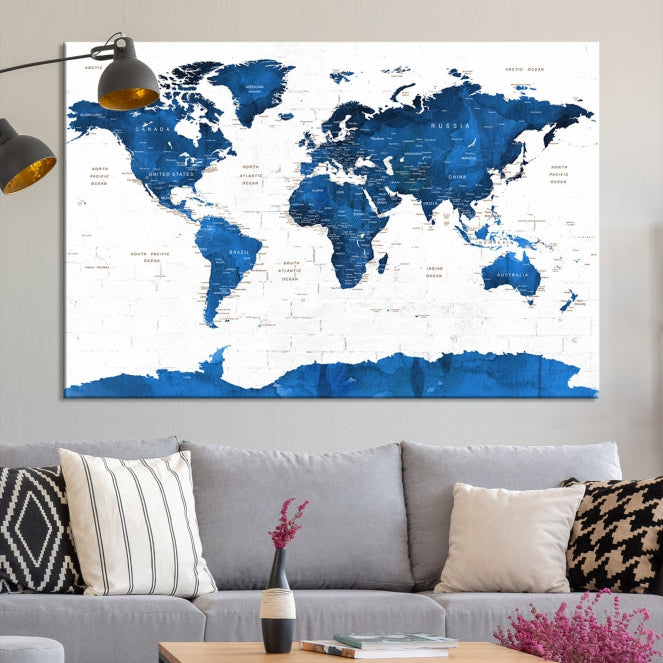 Blue Extra Large Framed Push Pin World Map Wall Art Canvas Print