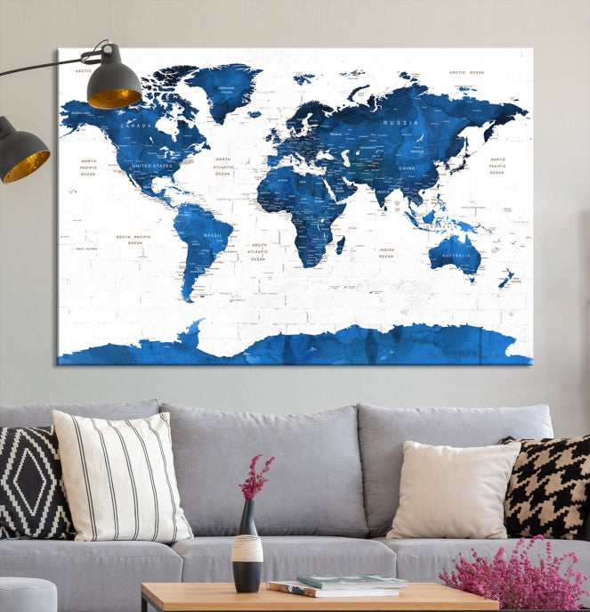 Blue Extra Large Framed Push Pin World Map Wall Art Canvas Print