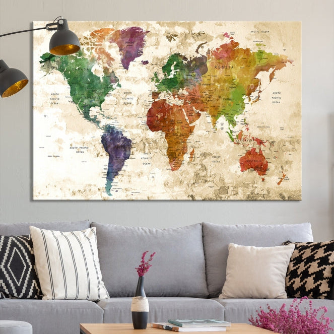 Push Pin World Map Canvas Print with Brownish Background Extra Large Framed Map Poster