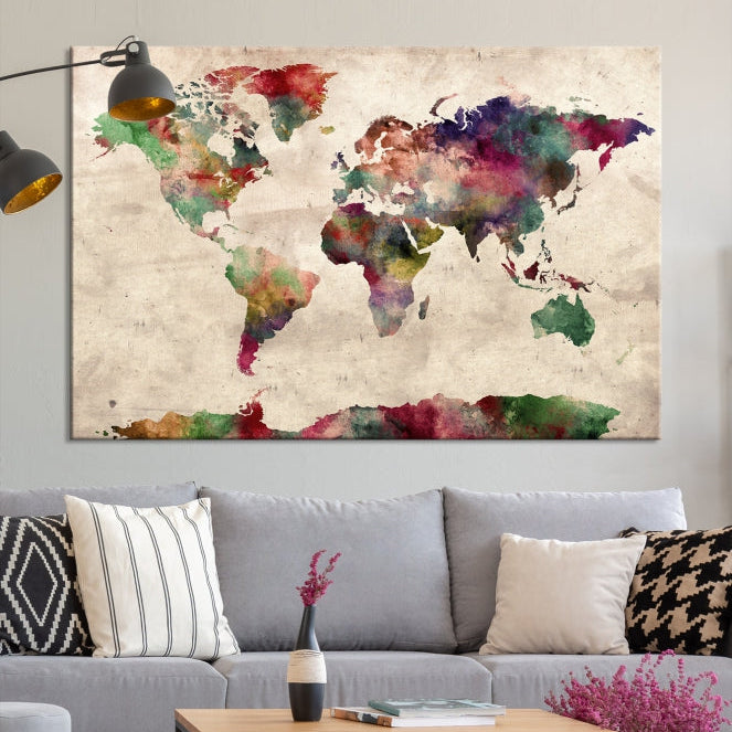 Colorful Watercolor World Map Framed Canvas Wall Art Giclee Print