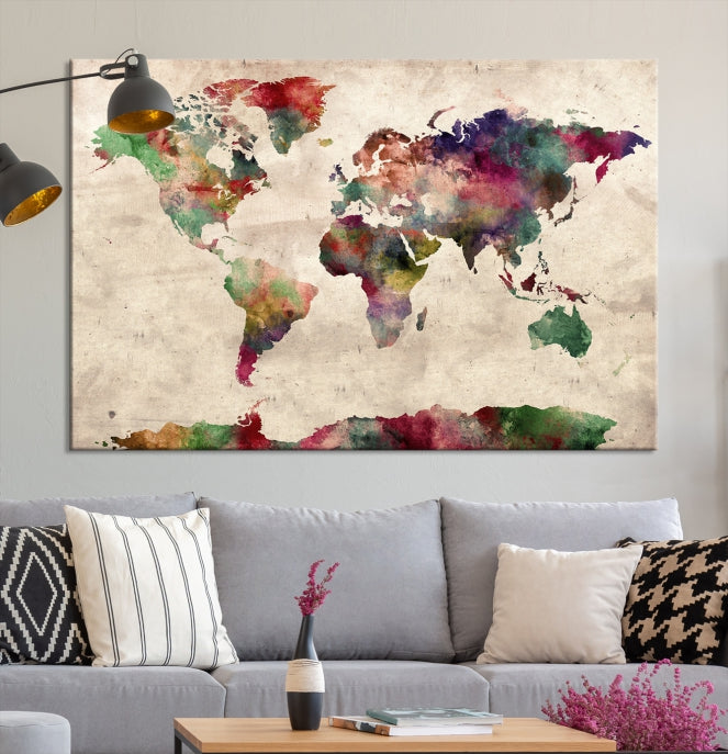 Colorful Watercolor World Map Framed Canvas Wall Art Giclee Print
