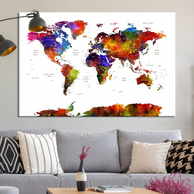 Extra Large Colorful World Map Framed Canvas Wall Art Print