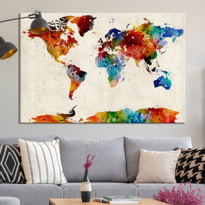 Large Wall Art World Map Watercolor Canvas Print