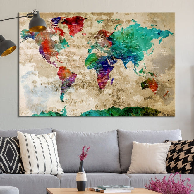 Multi Panel World Map with Push Pins Detailed Map Canvas Wall Art Print