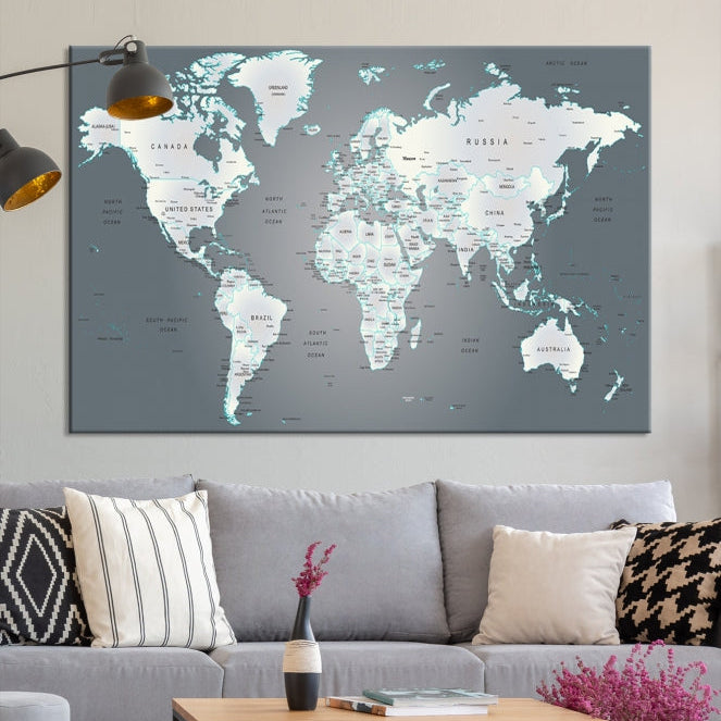 Gray World Map Push Pin Travel Map Canvas Wall Art Giclee Print