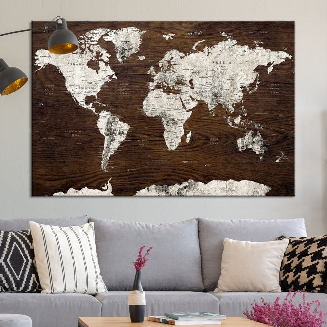 White Coloured World Map on Brown Background Large Canvas Print Wall Art